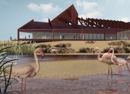 Visitor Center Featuring Interconnected Triangle Roof and Sustainable Materials in Ecological Wetland Setting