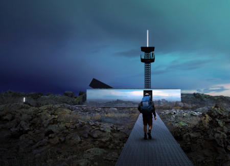 Reflective Glass and Steel Structure Merging with Volcanic Landscape