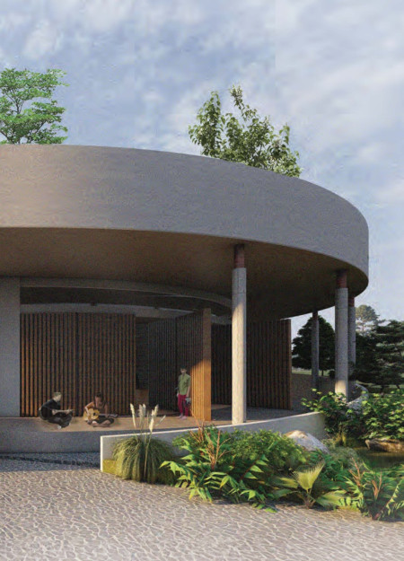 Curvilinear Design Using Charred Wooden Shingles and Integrated Permaculture in a Sustainable Community Hub