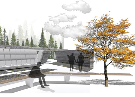 Charred Wooden Shingles and Reflective Surfaces in a Remembrance Space 