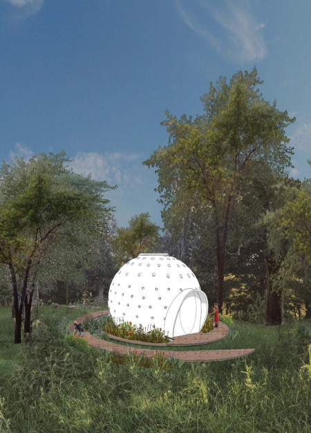 Meditation Dome Emphasizing Natural Materials and Spiral Design for Mindfulness and Reflection