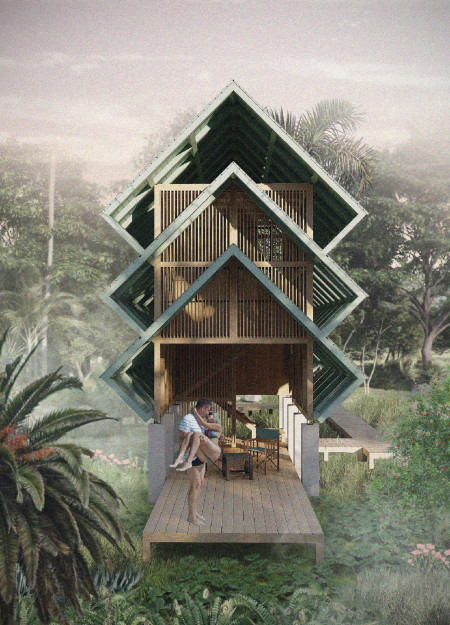 Residential retreat featuring cross-laminated timber and charred wood shingles in a tropical landscape