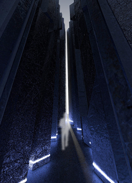 Ambient Blue Light Illuminates Concrete Pathway Through Historical Reflection  