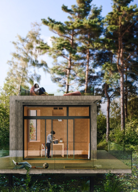 Elemental Design Featuring Heat-Treated Wood and Glazed Facades in Sustainable Hillside Cabins
