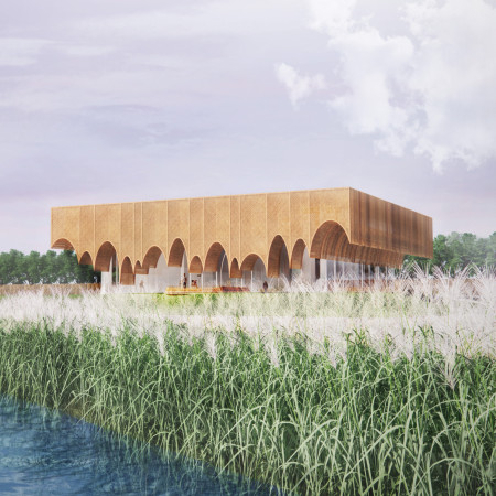 Floating Visitor Center with Reed Panels and Steel Framework in the Wetlands