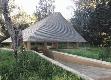 Circular Oculus and Rammed Earth Harmony in a Forest Meditation Cabin  