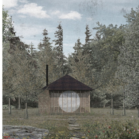 Circular Design with Three Pillars and Natural Light in a Timber Meditation Space