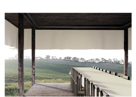 Charred Wooden Shingles and Canopy Design Create Inviting Space for Wine Tasting