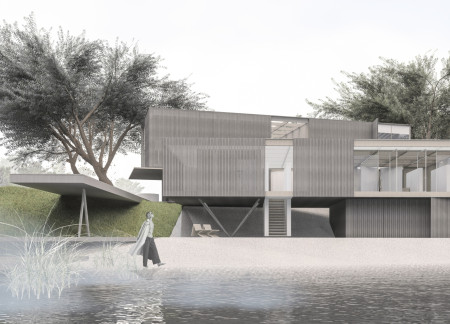 Charred Wooden Shingles and Expansive Glass Create a Harmonious Lakeside Community Space