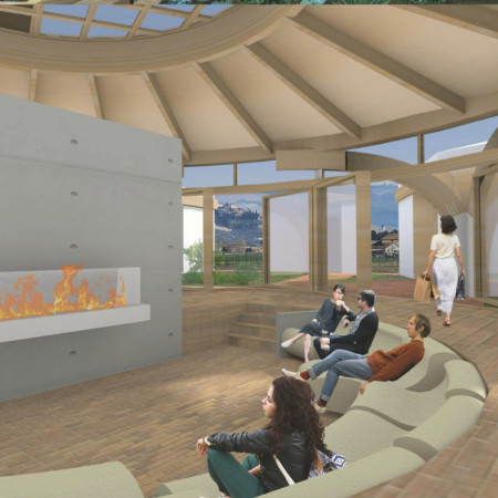 Curved Timber Framework With Reclaimed Brick Pathways in a Communal Retreat  