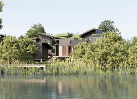 Grass Roof Retreat Crafted with Antiseptic Wood and Concrete Foundations Near Serene Lake