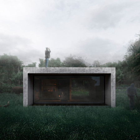 Charred Wooden Shingles and Concrete Blend in a Serene Meditation Retreat  