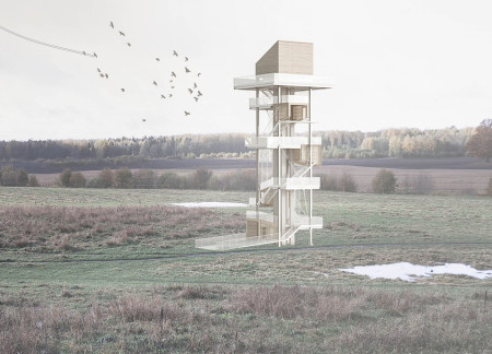 Charred Wood and Steel Tower Offering Immersive Nature Engagement Through Elevated Gallery Spaces