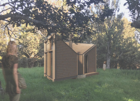 Funnel-Shaped Roof with Rainwater Collection in Radiata Pine and Cedar Retreat  