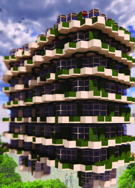 Hexagonal Modules Crafted from Cross-Laminated Timber with Integrated Vertical Gardens in a Flexible Urban Community  