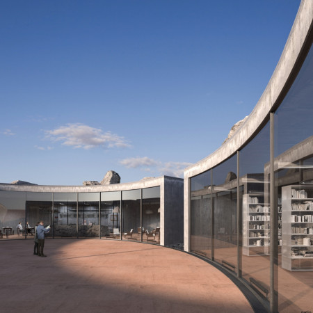 Geothermal Community Center Crafted with Natural Stone and Transparent Facades Nestled in a Volcanic Landscape