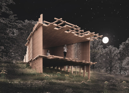 Lattice Structure Embracing Natural Light With Oak Cladding For Meditative Retreat  