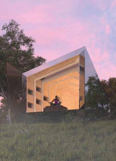Mirrored Glass Retreat with OSB Panels in a Forest Clearing 