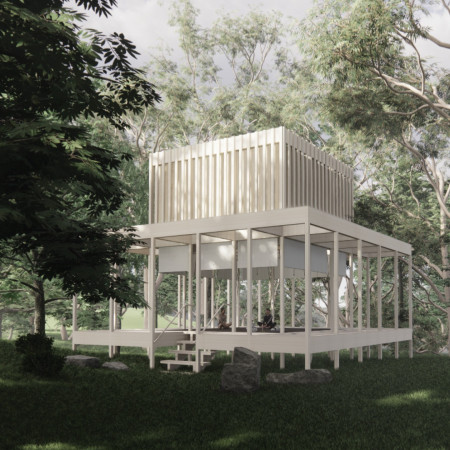 Lattice Roof Cabin Constructed From Natural Timber Within Forest Sanctuary