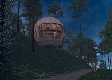 Spherical Structure Clad in Polycarbonate and Timber for Mindfulness Retreat