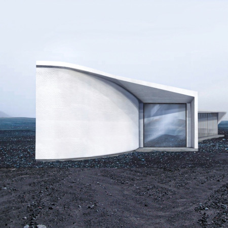 Curvilinear Form Enveloped in Brick and Glass Nestled at a Volcanic Landscape