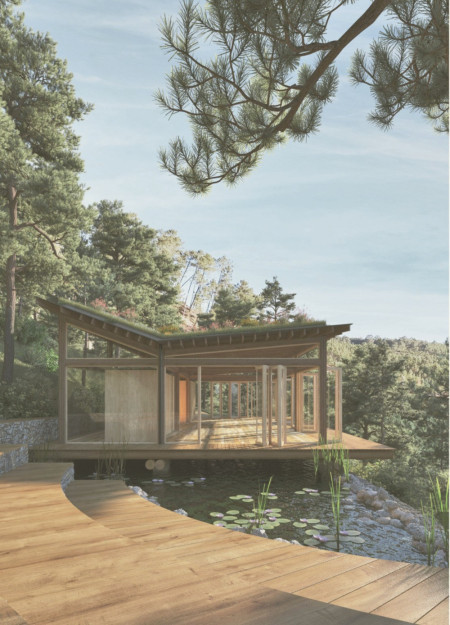 Butterfly Roof Design Featuring Sustainable Timber and Green Roof for Mindfulness Retreat