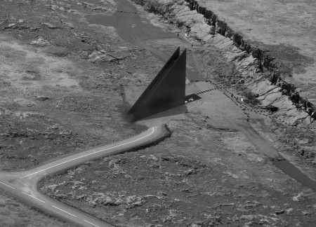 Volcanic Stone Facade and Black Cement Shape in a Community Tower Designed for Scenic Views