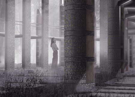 Pillared Compartmentalized Reflection Space Crafted From Durable Concrete and Integrated Gravestones
