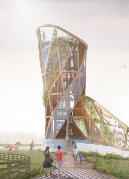 Curvilinear Observation Tower Crafted with Sustainable Timber and Glass in a Biodiverse Landscape