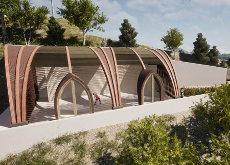 Rammed Earth and Larch Wood Structure Embracing Natural Terrain for Multi-Use Community Space