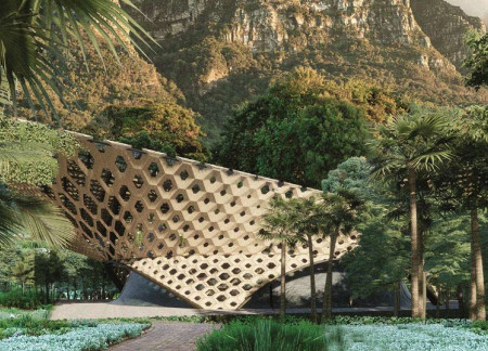 Undulating Roof Of Sustainable Timber Frames Blending Seamlessly With Natural Stone In A Community Space