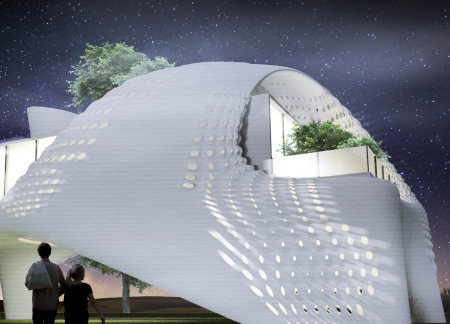 Perforated Concrete Skin Enveloping A Tubular Access In A Sustainable Living Space