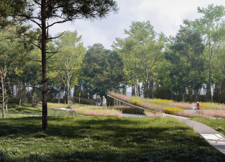 Curvilinear Pathways and Charred Timber Shingles Create a Reflective Memorial Space  