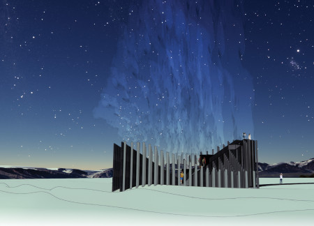 Concrete Pillars and Panoramic Views in a Geothermal Visitor Center