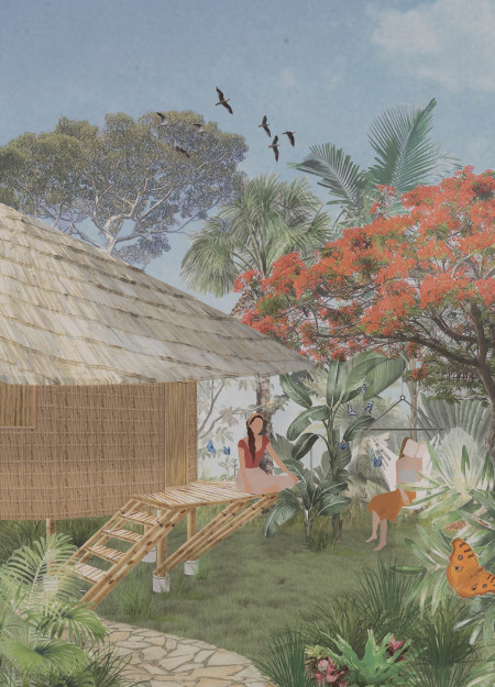 Bamboo Framework and Thatch Canopy in a Circular Retreat Emphasizing Local Landscape Integration