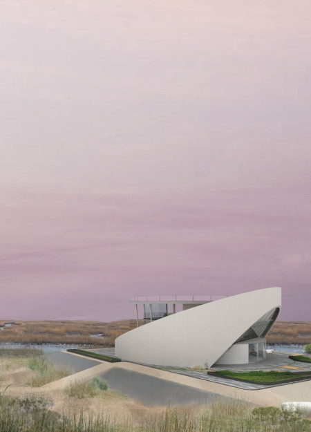 Circular Design Featuring Concrete and Glass Harmoniously Integrating with Wetland Ecology