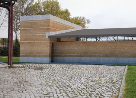 Wine tasting facility integrating rammed earth and a foldable aluminium roof in a vineyard setting