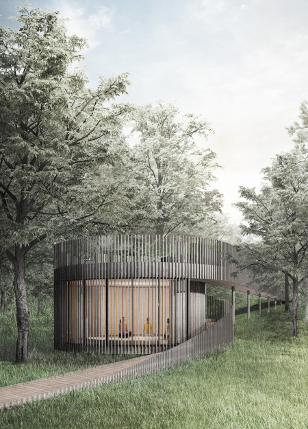 Curvilinear Structure Wrapped in Metal Slats Offering Natural Light for Meditation Retreat
