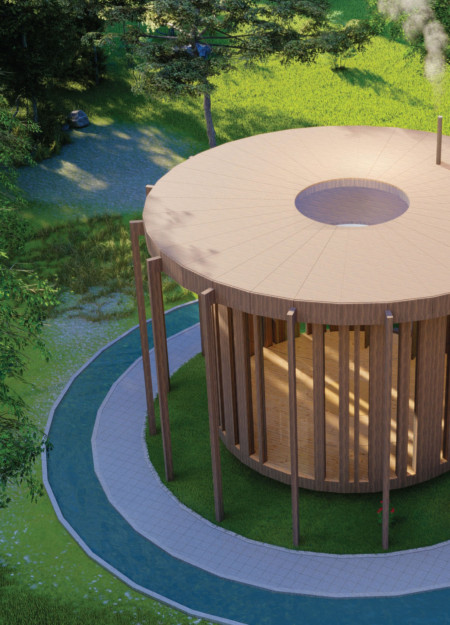 Kinetic Energy Pavilion Built with Local Timber and Sacred Geometry for Mindfulness Retreats