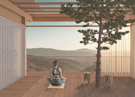 Rammed Earth Sanctuary with Expansive Glass Openings for Mindful Practice  