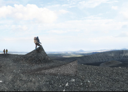 Charred Wooden Shingles and Gabion Mesh Explore Iceland's Volcanic Landscape Through Sustainable Viewing Platforms