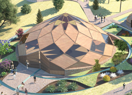 Geodesic Dome Crafted with Cross-Laminated Timber and Charred Wooden Shingles for Community Engagement  