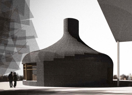 Circular Building Crafted From Polished Concrete and Dark Glass Adjacent to Verdant Vineyards