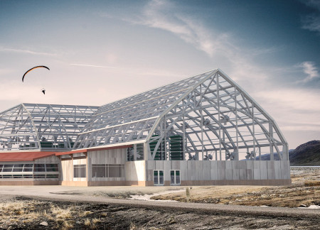 Community-focused agricultural hub incorporating sustainable larch timber and Plexiglass greenhouse design  