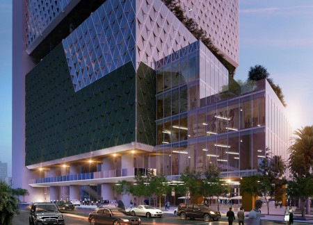 Terraced Green Roofs and Diagrid Facade in a Multifunctional Skyscraper