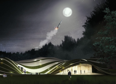 Curved Roof Structure Featuring Sustainable Timber and Green Roofing for Cosmic Exploration
