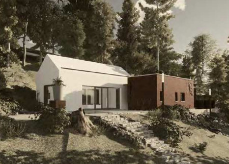 Charred Wood Shingles Complementing a Sustainable Retreat in Forested Landscape