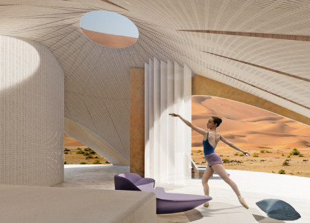 Sustainable Shelters Crafted from Local Sand and Geo Binder in the Desert Landscape