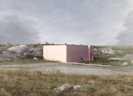 Community center embracing natural stone and blush concrete within a volcanic landscape