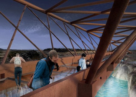 Glass-Bottom Bridge Integrating Geothermal Elements and Steel Trusses in Icelandic Landscape